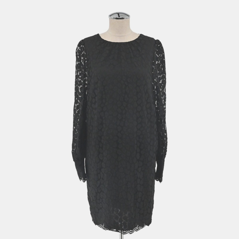 Whistles‎ Lace Puff Sleeve Dress Womens Size 12 Black Whimsigoth Animal Tie Neck